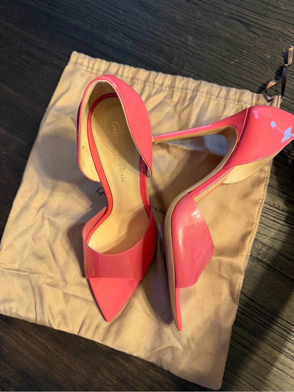 Pink Patent and PVC Pointed Open Toe Heels